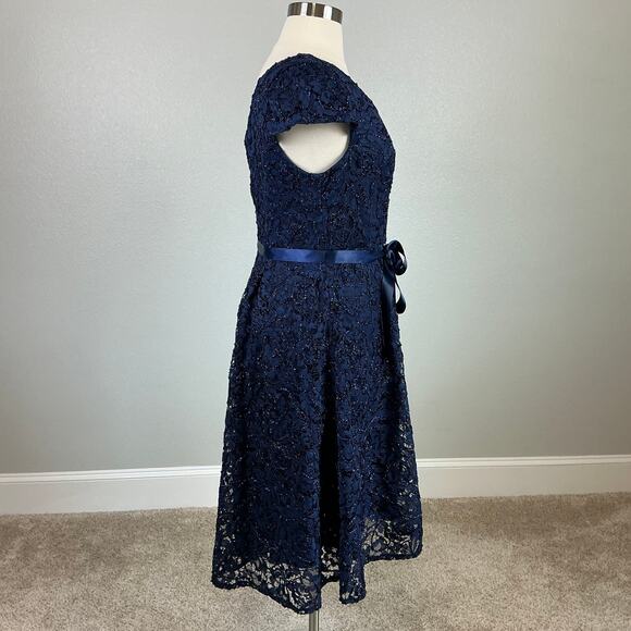 Alex Evenings Beaded Lace Belted Fit and Flare Midi Cocktail Dress Blue Size 14W - Picture 4 of 12